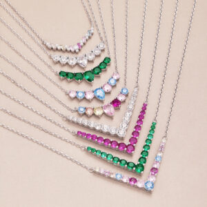 V-Shaped Silver Necklace With Colorful Zirconia Stones.
